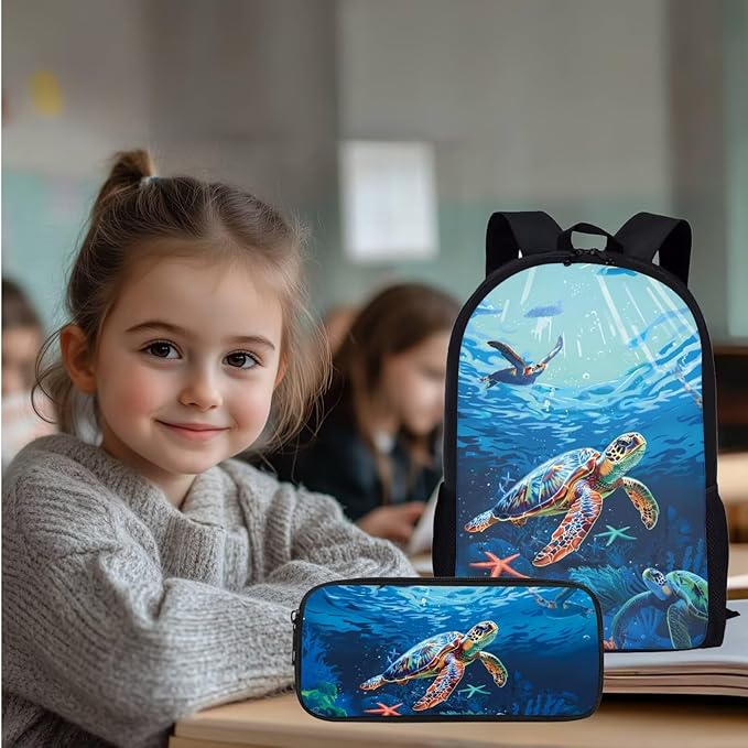 Turtle Backpack for Kids Boys Backpack 3-Piece Set Backpacks with Lunch Box Kids Bookbag for Travel Kindergarten Elementary Middle Mochilas Escolares Para Niños with Wrist Strap Keychain