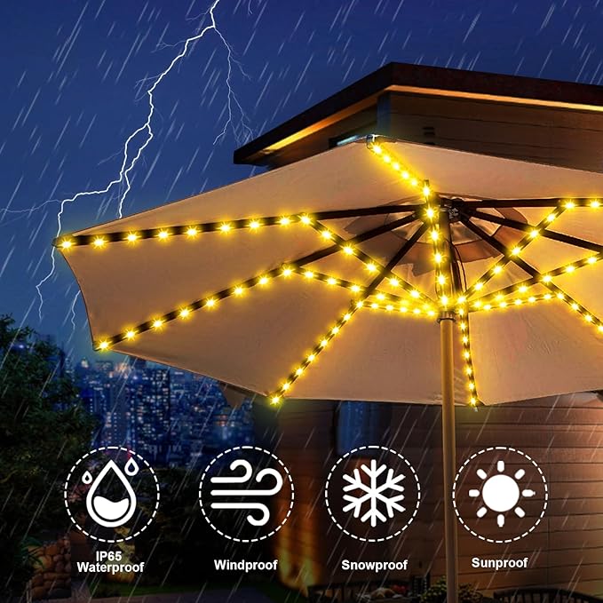 ZNYCYE Solar Umbrella Lights, 8 Strands Patio Umbrella Lights Outdoor with 8 Modes 3V Solar Panel Clip 112 Led Outdoor Waterproof for Beach Deck Garden Camping Tents Party Decoration(Warm White)