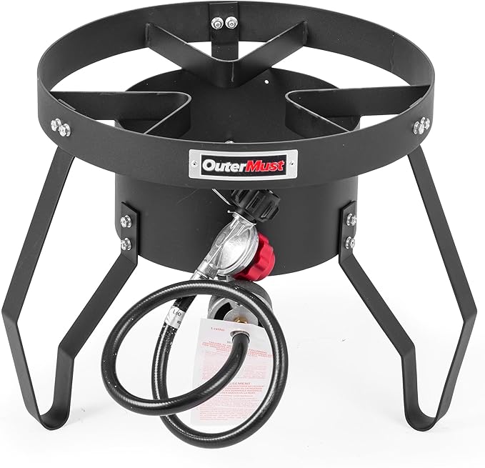 85000 BTU Camping Stove for Cast Iron Dutch Oven,Single Propane Burner with 10 PSI Regulator & Cast Iron Braided Holes, Heavy Duty Round Gas Stove for Outdoor Cooking & Camping