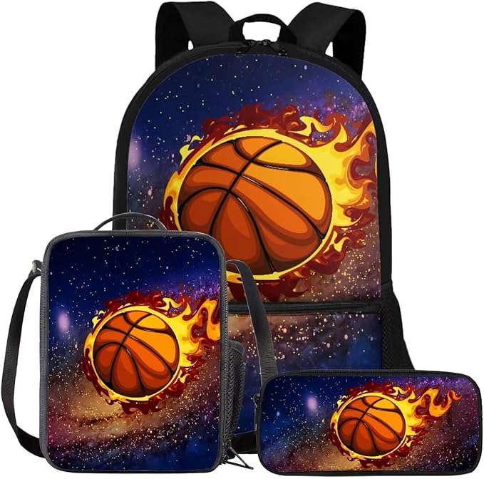 Rnyleeg Fire Basketball Backpack for Kids Age 6-8 Cool Boys Backpack with Lunch Box 3 Pcs Bookbag Set for Elementary School Back to School Gifts