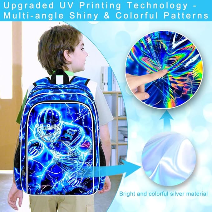 17" Football Backpack for Boy, 3Pcs Lightning Bookbag for Elementary Preschool Kindergarten, Kids School Backpacks with Lunch Box (Blue)
