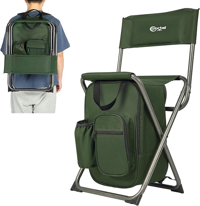 Portal Backpack Cooler Chair Fishing Chairs with Backrest Folding Camping Stool Compact for Outdoors Hiking Hunting Travel, Supports 225 lbs Capacity