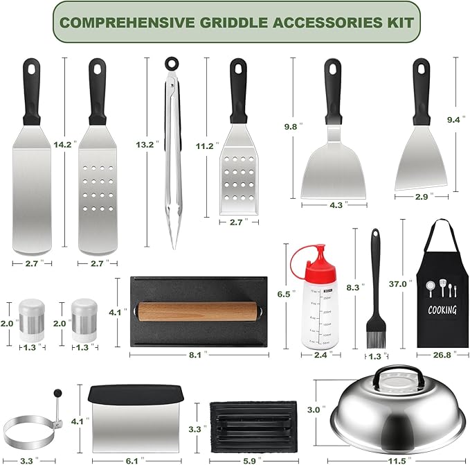 20PCS Griddle Accessories Kit, Flat Top Grill Accessories Set for Blackstone and Camp Chef, Grill Spatula Set with Enlarged Spatulas, Basting Cover, lron Smash Burger Press for Outdoor Barbecue