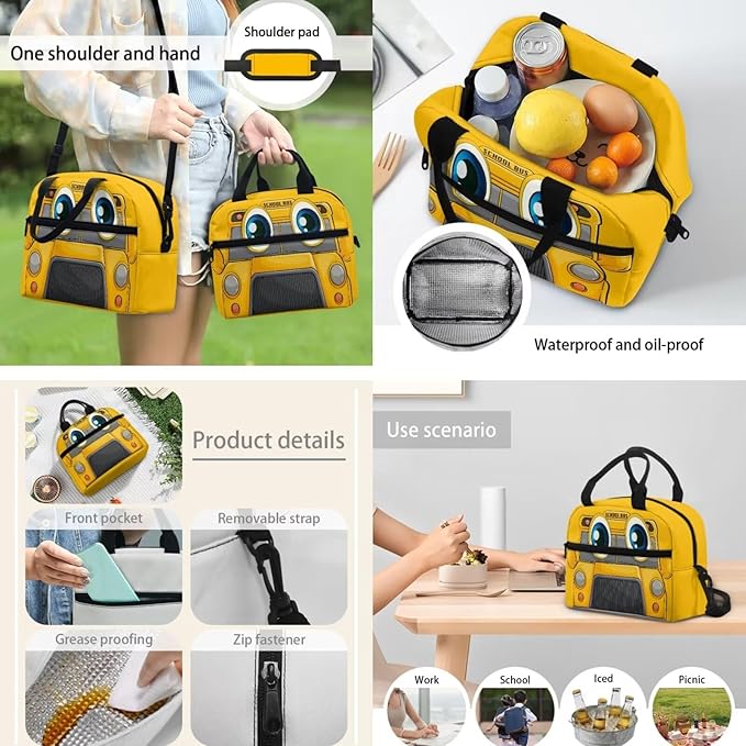 Cute Yellow Bus Schoolbag Kids Bookpack Set with Lunch Bag and Pencil Case Teens Boys and Girls Cartoon Laptop Bookpack School Bag Set for Elementary Middle Student 3 in 1
