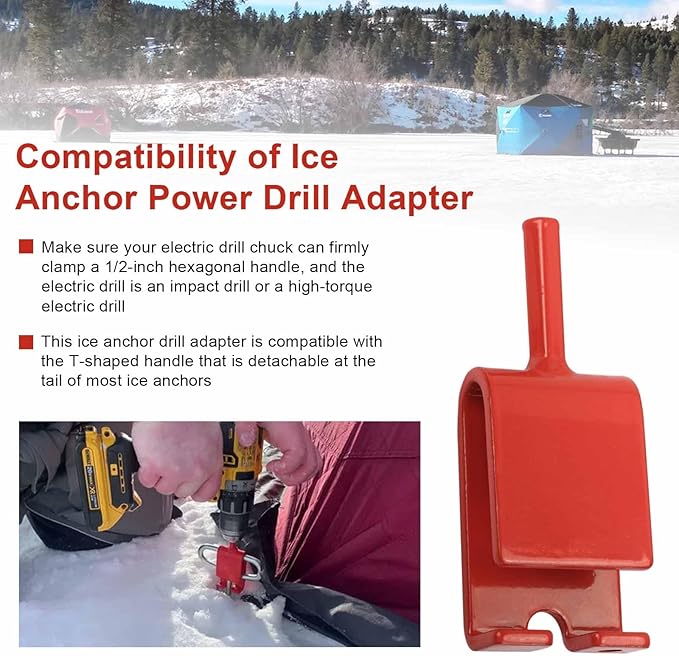 Ice Anchor Power Drill Adapter Fits 1/2" Electric Drill Chuck and 3/8" Ice Anchor Connection End, Ice Shelter Accessories for Ice Fishing Shelter Tent, Red Ice Shanty Anchors Adapter