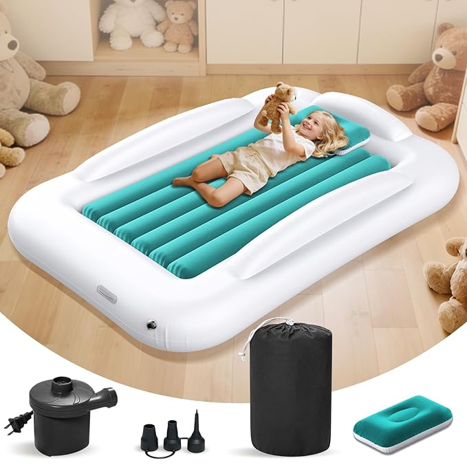 Inflatable Toddler Travel Bed - Portable Toddler Kids Travel Bed with Safety Sides Complete Kids Air Mattress Set with High-Speed Pump, Ideal for Vacation Camping and Sleepover (60 Inches)