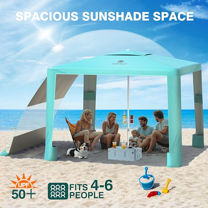 Rhino Valley Beach Cabana, 8 * 8FT Beach Shade Canopy Tent UPF50+ Protection, Easy Setup Wind Resistant with Cup Holder, Portable Foldable Beach Tent Sun Shelter for Whole Family, Turquoise Green