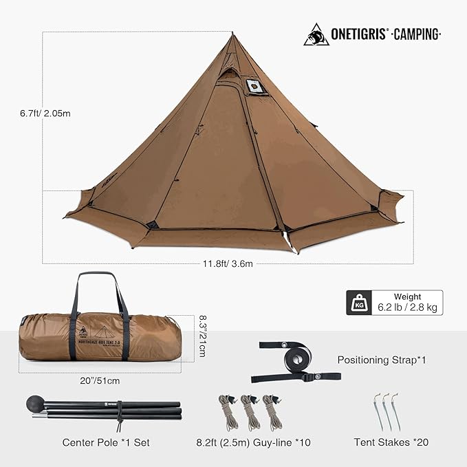 OneTigris Northgaze 2.0 Hot Tent with Stove Jack - 2-Person Ultralight Tent, 4.8lbs with 2 Doors, Waterproof & Wind-Resistant for 4-Season Camping, Backpacking, and Hunting