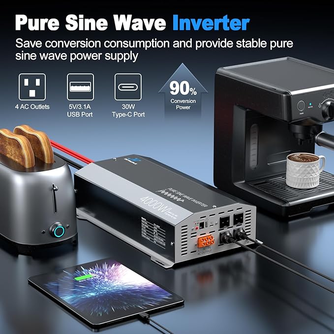 4000W Pure Sine Wave Inverter 48V DC to 110V/120V AC Converter, 8000W Peak, High-Efficiency Off-Grid Power Inverter for Solar System, 4 AC Outlets, USB & Type-C, LCD Remote Control
