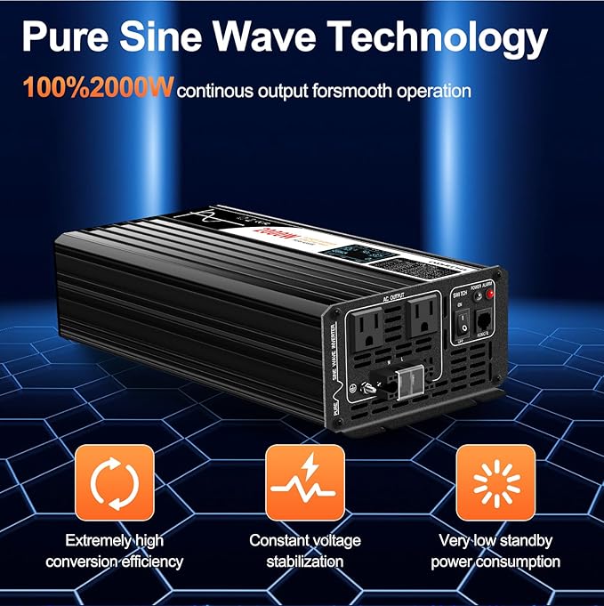 2000W (Peak Power 4000W) DC 12v to 120V AC 60HZ Pure sine Wave Solar Inverter for Home RV &Camping (DC12V (Range 10V-15V)