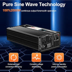 2000W (Peak Power 4000W) DC 12v to 120V AC 60HZ Pure sine Wave Solar Inverter for Home RV &Camping (DC12V (Range 10V-15V)