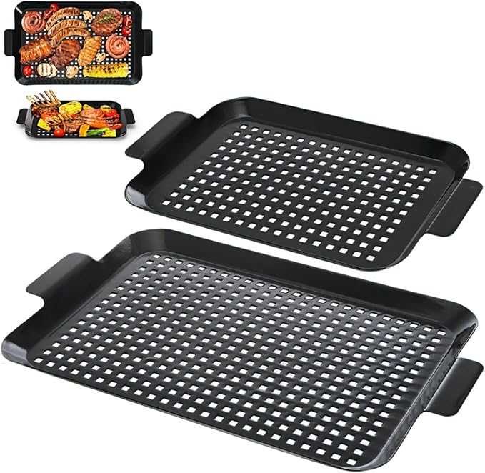 2 Pack Grill Pans, Nonstick Grill Topper for Outdoor Grill, BBQ Grilling Baskets with Perforated Bottom, Heavy Duty Carbon Steel Grill Grid for Cooking Camping, 16.5" x 10" and 13" x 7.4"