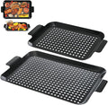 2 Pack Grill Pans, Nonstick Grill Topper for Outdoor Grill, BBQ Grilling Baskets with Perforated Bottom, Heavy Duty Carbon Steel Grill Grid for Cooking Camping, 16.5" x 10" and 13" x 7.4"