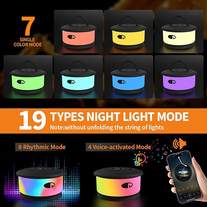 2-Pack Camping String Lights, 3 in 1 Upgraded Retractable RGB Outdoor String Lights with 19 Lighting Modes, Quick 30s Recovery, 32.8 FT Portable Tent Light, Rechargeable Camping Lantern (Black)