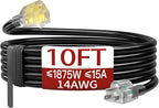 10 FT 14/3 Extension Cord Outdoor, Heavy Duty Weatherproof & Flame Retardant Black 3 Prong Power Cord with Light, Outside for Lawn & Garden, 15 Amps 1875 Watts 125 VAC 14AWG SJTW, ETL Listed