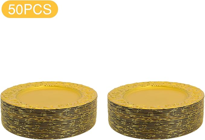 50 Pcs Gold Charger Plates Bulk, 13" Round Plastic Embossed Charger Plates, Decorative Table Dinner Chargers for Thanksgiving, Halloween, Wedding, Party, Christmas, Decor (Gold)