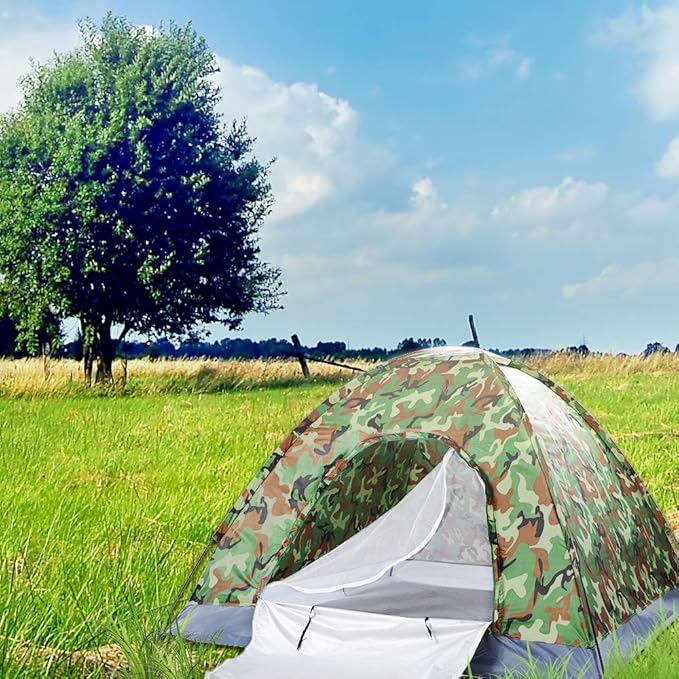 Camouflage 4 Person Camping Dome Tent, Pop-Up Tent with 180T Silver Coated Polyester, Waterproof Nylon Oxford, Fiberglass Poles, for Outdoor Hiking, Fishing, and Camping
