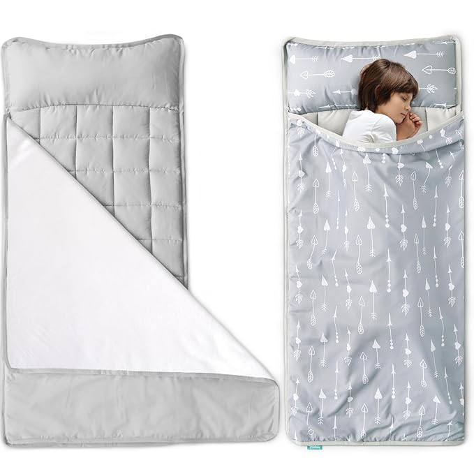 2 Pack Toddler Nap Mat with Fleece Blanket, Extra Large Kids Sleeping Bag for Preschool Daycare, Portable Travel Camping Nap mats Machine Washable Arrow and Grey