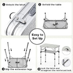 Folding Camping Table, Aluminum 24" x 16" Adjustable Height Max 27.5" with Carrying Handle, Lightweight, Portable Camping Table for Outdoor Indoor Picnic Beach, Silver