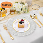 150 Pcs 13 Inch Silver Charger Plates, Bulk PP Wedding Chargers with Floral Reef Design Decorative Round Ruffled Rim Dinner Plates for Wedding Party Event Table Setting Decoration