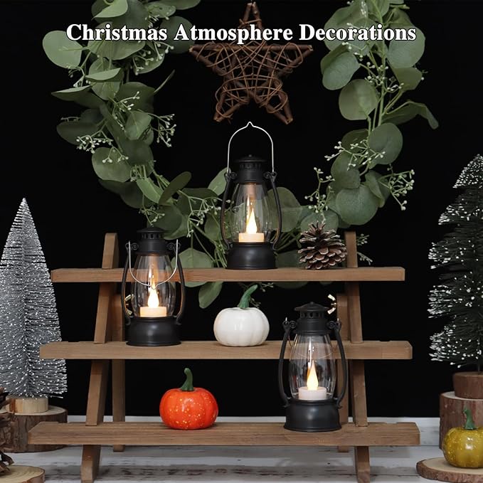 12PCS Black Mini Lanterns with Remote Control, 5.1" H/13cm (6.7" H with Handle) Vintage LED Lantern Decorative - Christmas Table Centerpieces, Western Party Decorations & Camping Party Decor