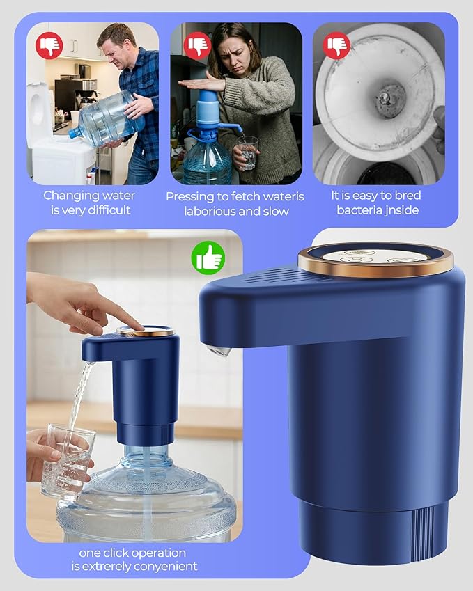 Water Jug Pump for 5 Gallon Bottle – Portable Electric USB-C Charging Dispenser, Dual Powerful Motors, Fast Flow, Fits 2-5 Gallon Jugs – Ideal for Home, Office, Camping, RV, Dark Blue
