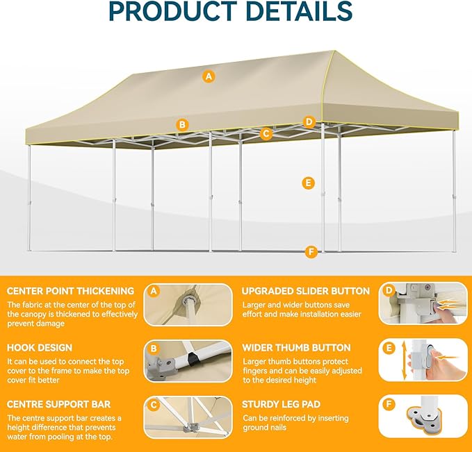 Hoteel 10x30 Pop Up Canopy Tent Heavy Duty with 5 Sidewalls, Waterproof Party Tent, Easy Set-up Commercial Instant Tents with Roller Bag & Sandbags, Hexagonal Leg (1-Year Warranty)