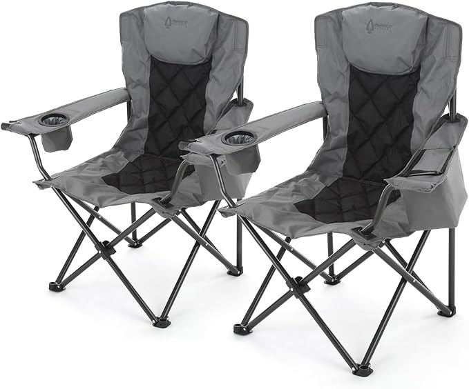 ARROWHEAD OUTDOOR 2-Pack Portable Deluxe Folding Camp Quad Chair w/Headrest, Glass & Cup Holders, Armest 6-can Cooler, Heavy Duty Carry Bag, 550 lbs Weight Capacity