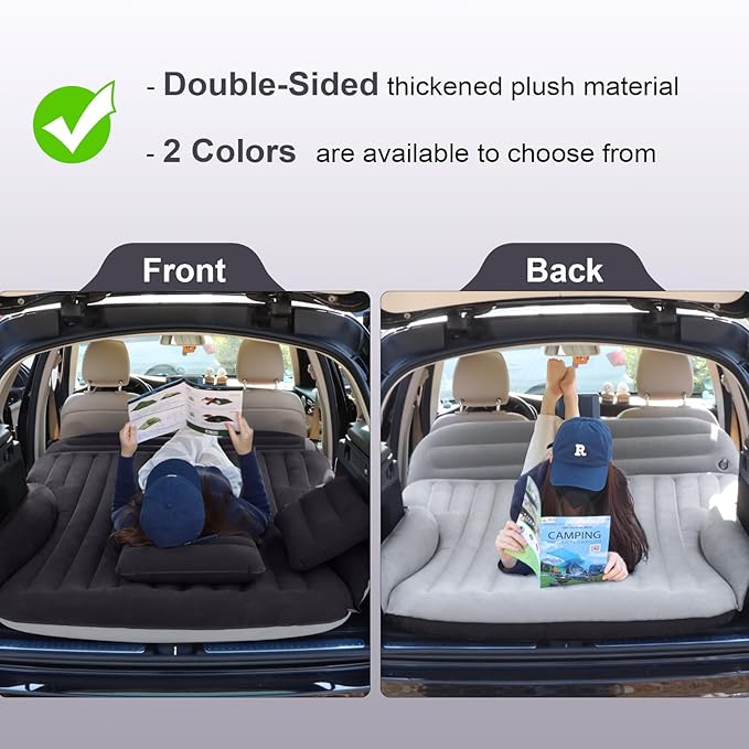 SUV Air Mattress, Double-Sided Thick Flocked Car Air Mattress with Built-in Pump & Pillow, Complete Sleeping Accessories for Auto Camping & Road Trips（Blue Black）