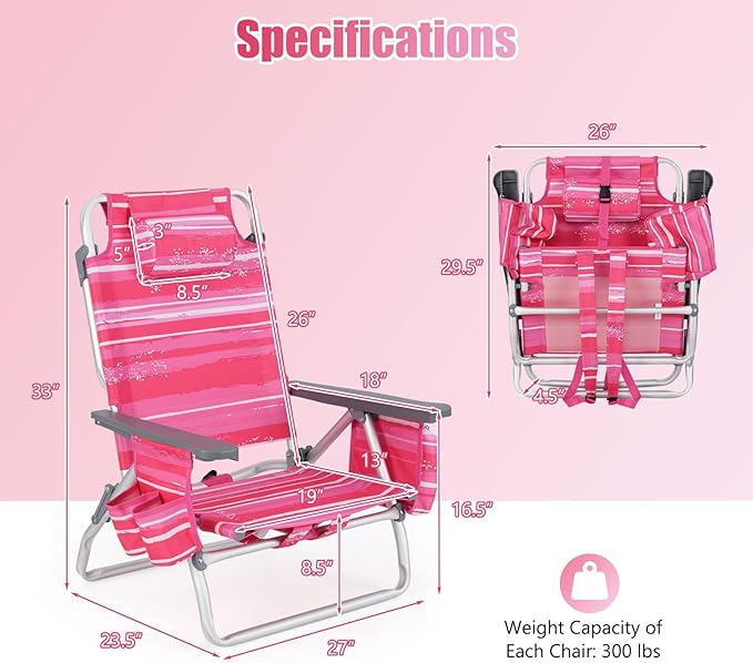 GYMAX Beach Chairs, Backpack Camping Chair with Armrest, Cooler Bag, Cup Holder, Towel Bar & Side Pockets, Sunbath Sling Tanning Lounge, Folding Layout Chair (4 Chairs Without Table, Pink Stripe)