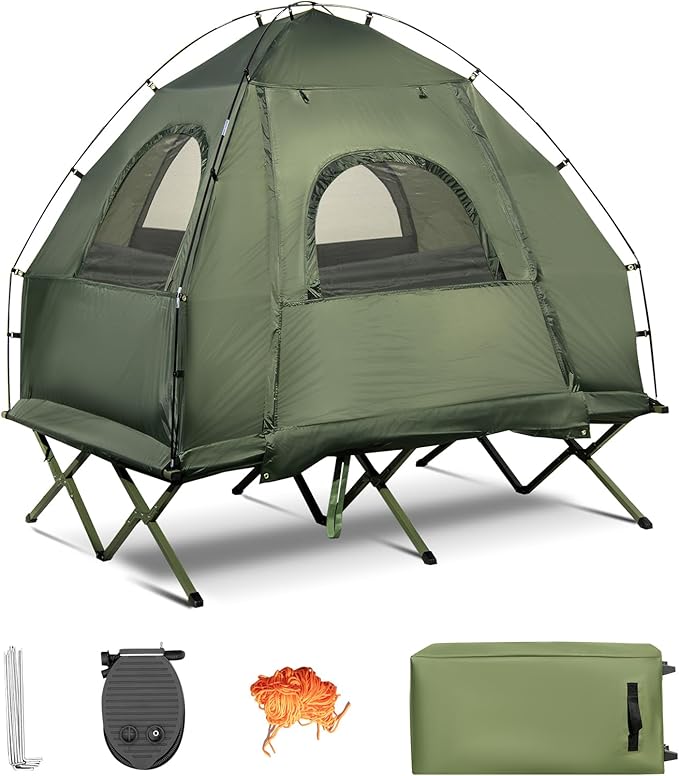 Safstar 5-in-1 Tent Cot, Camping Cot Tent with Air Mattress, Sleeping Bag, Camping Cot, Awning & Air Pillow, Carrying Bag, Off The Ground Tent, Elevated Tent Cot for Camping Hiking Picnic Travel