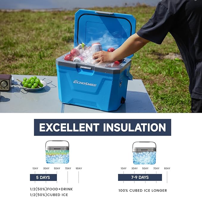 EchoSmile Insulated Portable Cooler 20L/21qt, Outdoor Hard Cooler Ice Chest Box for Camping, Drink, Beach, Fishing and Boating