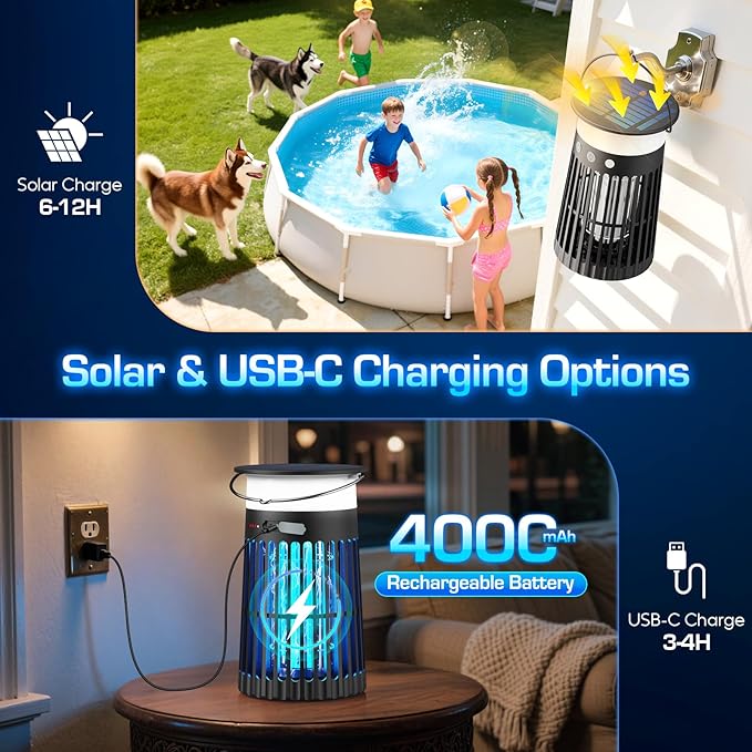 Solar Bug Zapper Outdoor, Waterproof Mosquito Zapper with RGB & Flame Light, 4200V Electric Bug Zapper Indoor, 4000mAh Rechargeable Mosquito Killer Fly Zapper Trap for Patio Backyard Kitchen Camping