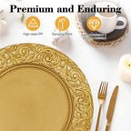 100 Pcs Gold Charger Plates Bulk, 13 Inch Round Charger Plate Set, Plastic Embossed Dinner Chargers Floral Plates for Wedding, Christmas, Party, Event, Decoration (Gold)