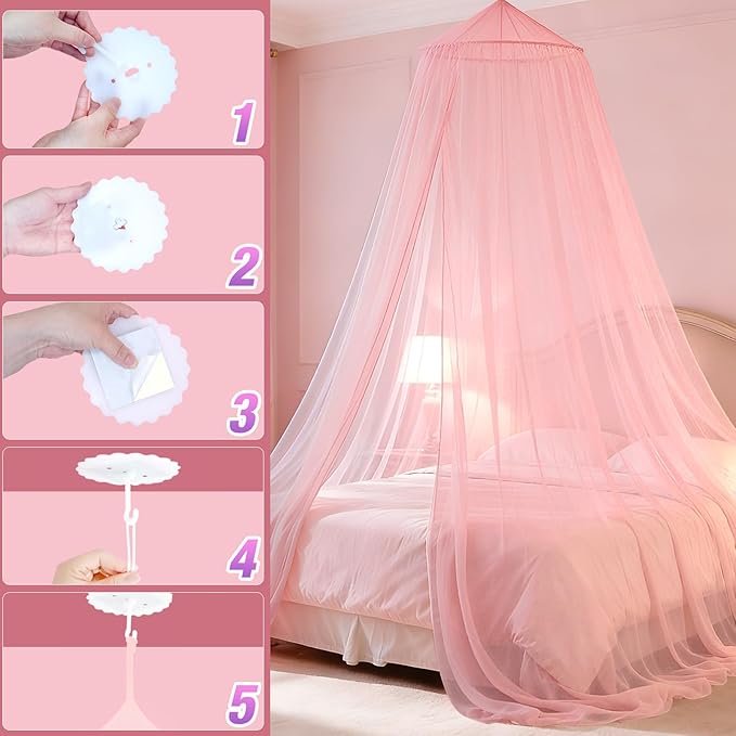 Pink Princess Bed Canopy for Girls,Kids Canopy Bed for Twin, Full, and Queen Sizes; Mosquito Net for Outdoor Use;Bedroom Accessories;Ceiling Tent for Reading Nooks