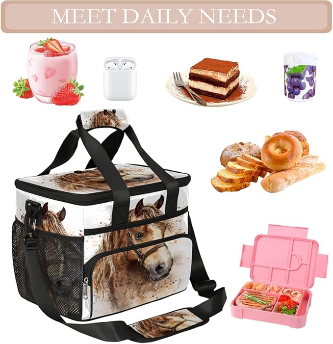 Pardick Watercolor Animals Horse Soft Cooler Bag Insulated Lunch Box for Men & Women, Large Leakproof Lunch Bag Portable Beach Cooler for Work, Picnic, Road Trips,Fishing, Travel, Camping,A-17