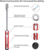 Butane Lighter Torch Long Lighter Refillable Adjustable Jet Flame Lighter Windproof Flexible with Visual Fuel Window Blow Torch for Stove BBQ Grill Fireplace Camping Kitchen (No Gas Include) - Red