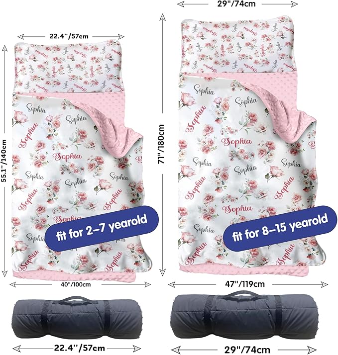 Personalized Toddler Nap Mat for Preschool, Custom Name Kids Sleeping Bag for Daycare, Kindergarten Roll Up Sleeping Mat with Removable Pillow and Soft Blanket, Fun Themes for Boys & Girls