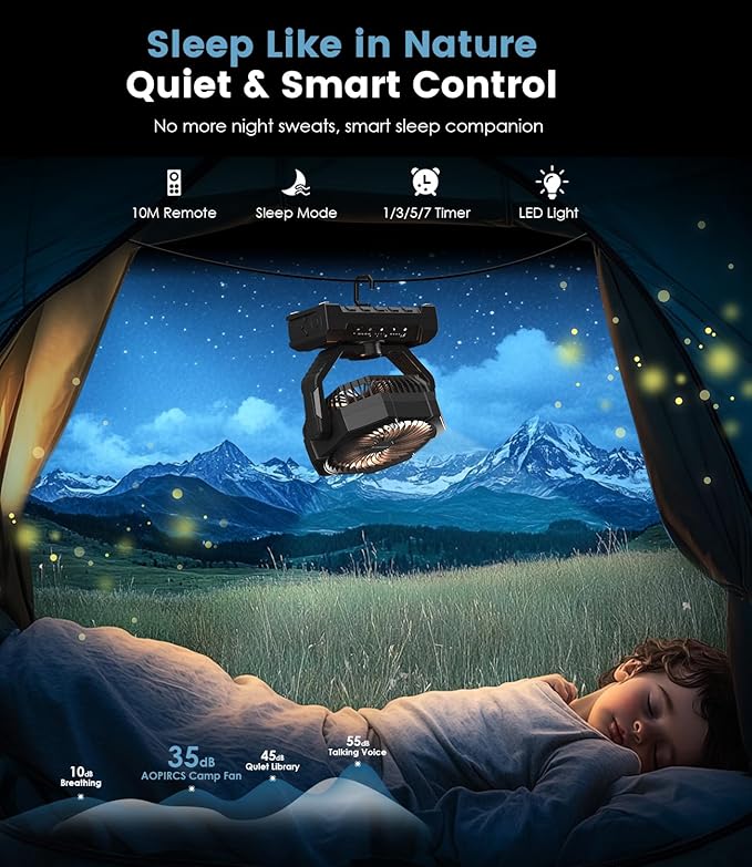 Portable Fan Rechargeable, 60H Long-Lasting Battery Powered Fan - 4 Speeds, 3 Light, Timer, Sleep Mode, Hook, Fans for Camping Gear, Travel Essentials, Tent, RV, Outdoors, Garage, Emergency