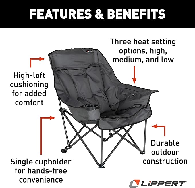 Lippert Big Bear Dark Grey Heated Folding Camping Chair with Power Bank, Two Heat Zones, 400-lb. Weight Capacity, 600D Polyester Fabric, High-Loft Cushioning, Zippered Carrying Bag - 2024043334
