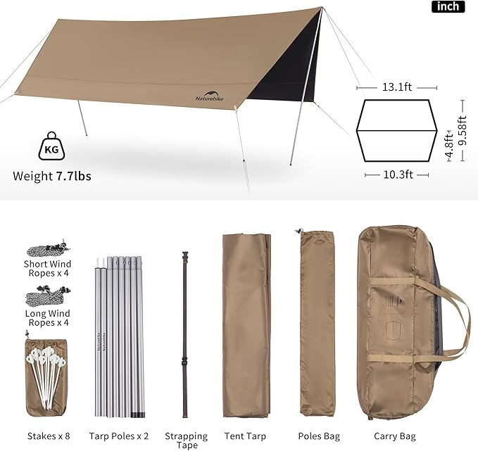 Naturehike Cloud Skies Camping Tent Tarp with Poles, Waterproof PU 18000mm+ Rain Shelter, Anti-UV UPF2000+ Camping Sun Shelter Canopy