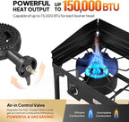 ROVSUN 2 Burner Outdoor Camping Stove with Wind Panel, 150,000 BTU Propane Burner, Gas Cooker with Detachable Legs & CSA Regulator for Home Camp Paito Cooking Frying Canning