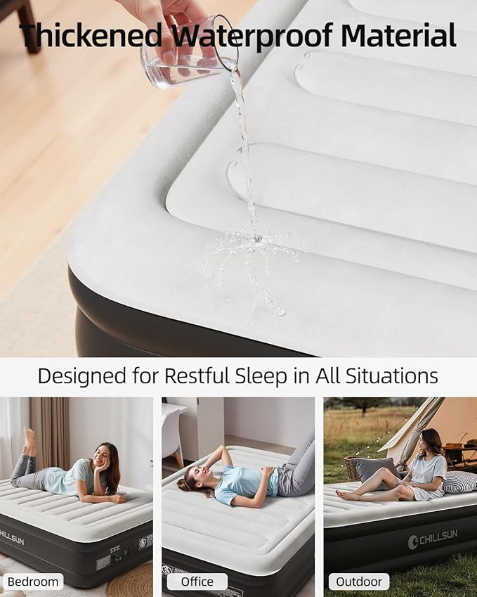 CHILLSUN 2026 Upgraded Queen Air Mattress with Built in Pump, 3 Mins Quick Self-Inflation Blow Up Mattress, Flocked Top Inflatable Mattress, Leak-Proof Airbed for Camping Guests and Home
