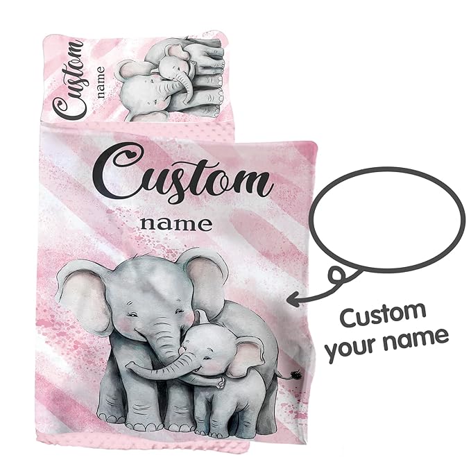 Custom Toddler Nap Mat for Preschool, Personalized Name Kids Sleeping Bag with Watercolor Elephant for Daycare, Roll Up Sleeping Mat with Removable Pillow and Soft Dot Minky Blanke for Girls Camping
