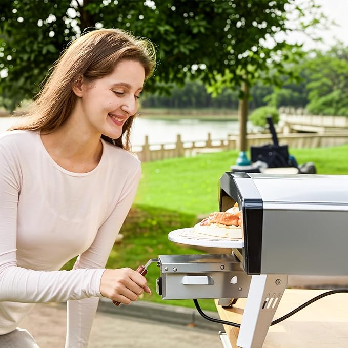 MELLCOM 20 Inch Outdoor Gas Pizza Oven, 360° Auto Rotating Pizza Stone with Pull Out Handle, Includes Pizza Peel & Carry Bag, Portable Stainless Steel Propane Pizza Oven for Backyard, Camping, Grill