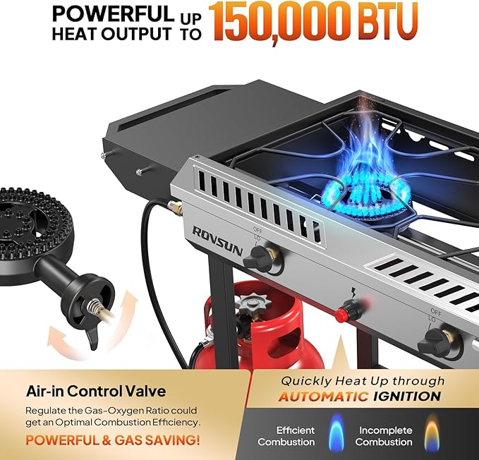 ROVSUN 2 Burner Propane Stove with Auto Ignition, 150,000 BTU Gas Stove with Side Shelves, Rolling Wheels & Regulator for Home Outdoor Backyard Camping Cooking Frying Brewing Canning