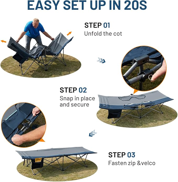 TIMBER RIDGE Extra Wide Heavy Duty Camping Cot for Adult, Easy Set Up Oversized Sleeping Cot with Carry Bag for Camping, Travel and Outdoors, Support up to 450lbs, Blue, 2 Pack