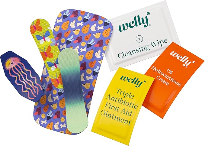 Welly First Aid Kit - FSA Eligible - Adhesive Bandages in Flexible Fabric and Waterproof, Single Use Ointments (Triple Antibiotic, Cleansing Wipes and Hydrocortisone) - 70 Count