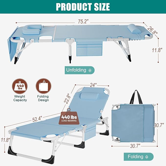 DoCred Heavy Duty XXL Tanning Chair with Face Hole&Mat, Oversized 5-Position Folding Chaise Lounge Chairs for Outside, Portable Beach Lounge Chair for Outdoor Sunbathing Beach Pool Lawn Camping