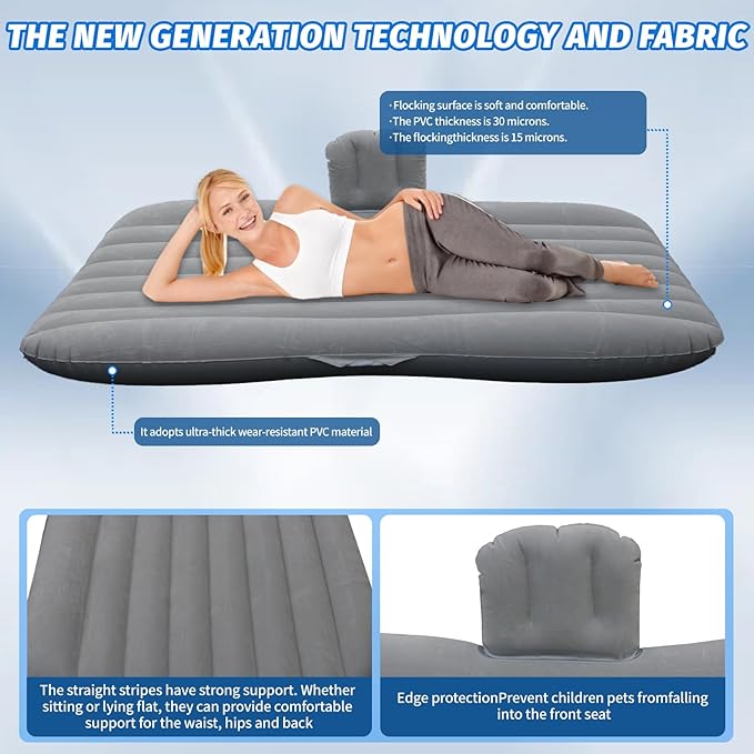 Inflatable Car Air Mattress Back Seat Bed with Air Pump,53 "x 32.6" Portable Thickened Car Travel Camping Sleeping Air Mattress Blow Up Bed for Car Universal SUV